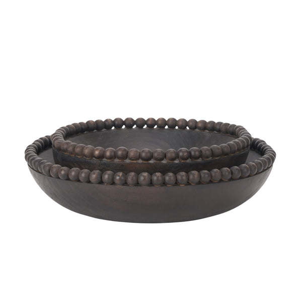 HomeRoots Set of Two Black Solid Wood Round Bowls – Modern Beaded Edge Centerpieces for Elegant Dining Decor 609357