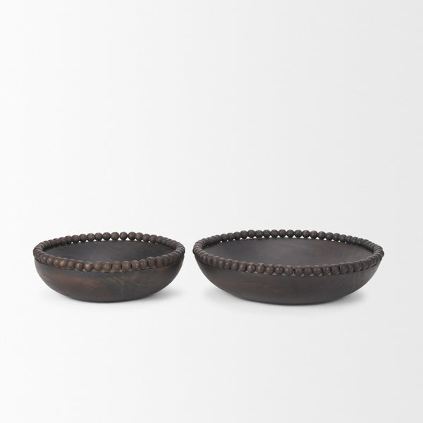 HomeRoots Set of Two Black Solid Wood Round Bowls – Modern Beaded Edge Centerpieces for Elegant Dining Decor 609357