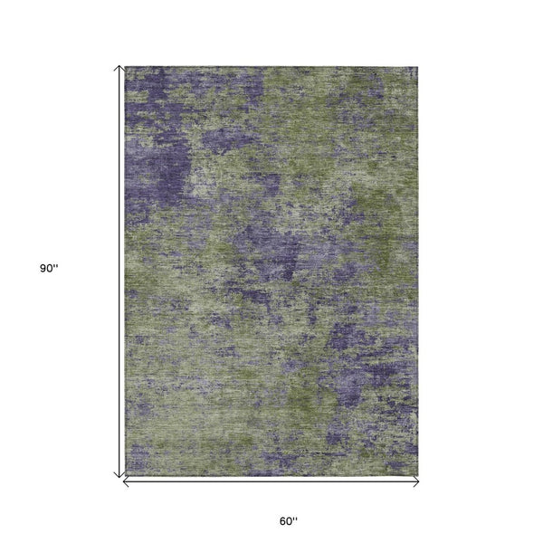 HomeRoots 5' Abstract Area Rug in Olive Green & Dark Purple - Durable, Washable for Indoor & Outdoor Use 5' X 8' 609362