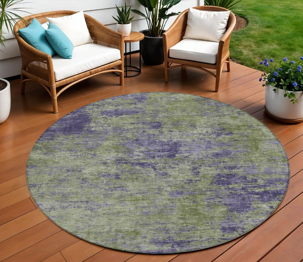 HomeRoots 5' Abstract Area Rug in Olive Green & Dark Purple - Durable, Washable for Indoor & Outdoor Use 8' Round 609363