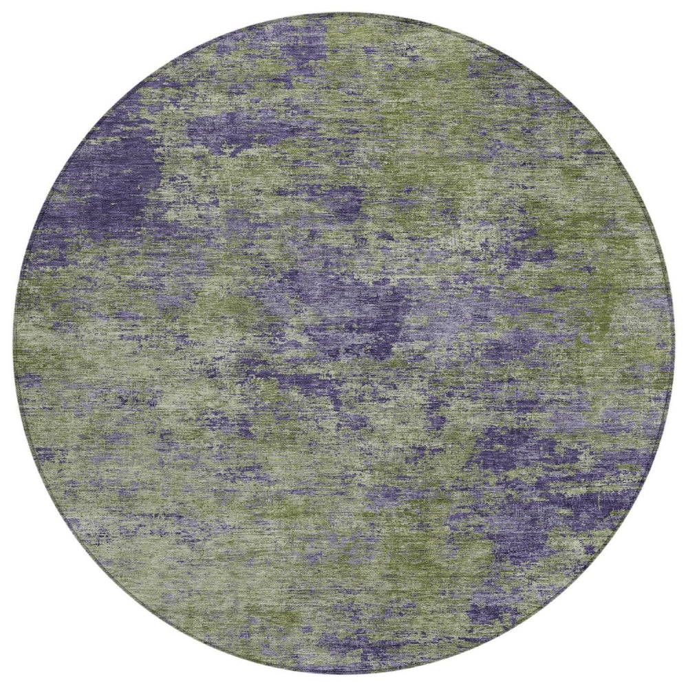 HomeRoots 5' Abstract Area Rug in Olive Green & Dark Purple - Durable, Washable for Indoor & Outdoor Use 8' Round 609363