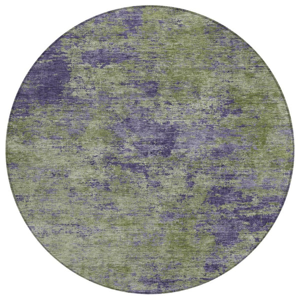 HomeRoots 5' Abstract Area Rug in Olive Green & Dark Purple - Durable, Washable for Indoor & Outdoor Use 8' Round 609363