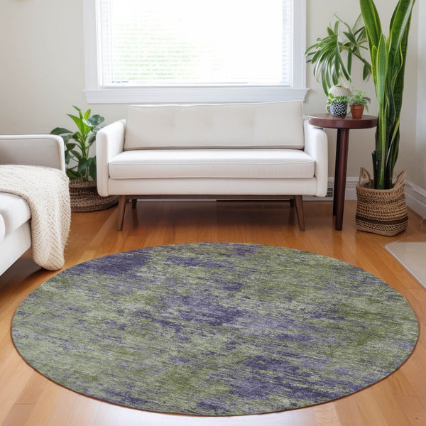HomeRoots 5' Abstract Area Rug in Olive Green & Dark Purple - Durable, Washable for Indoor & Outdoor Use 8' Round 609363