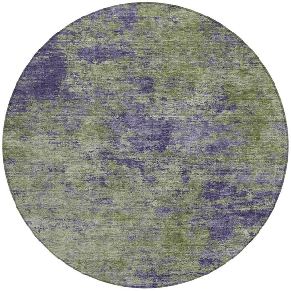 HomeRoots 5' Abstract Area Rug in Olive Green & Dark Purple - Durable, Washable for Indoor & Outdoor Use 8' Round 609363