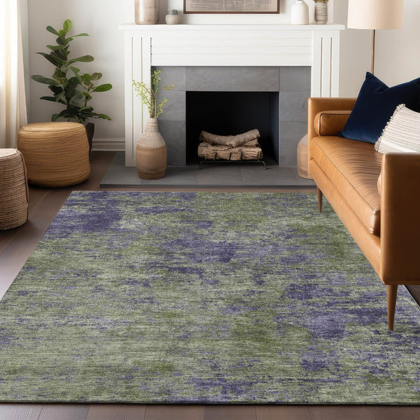 HomeRoots 5' Abstract Area Rug in Olive Green & Dark Purple - Durable, Washable for Indoor & Outdoor Use 9' X 12' 609365
