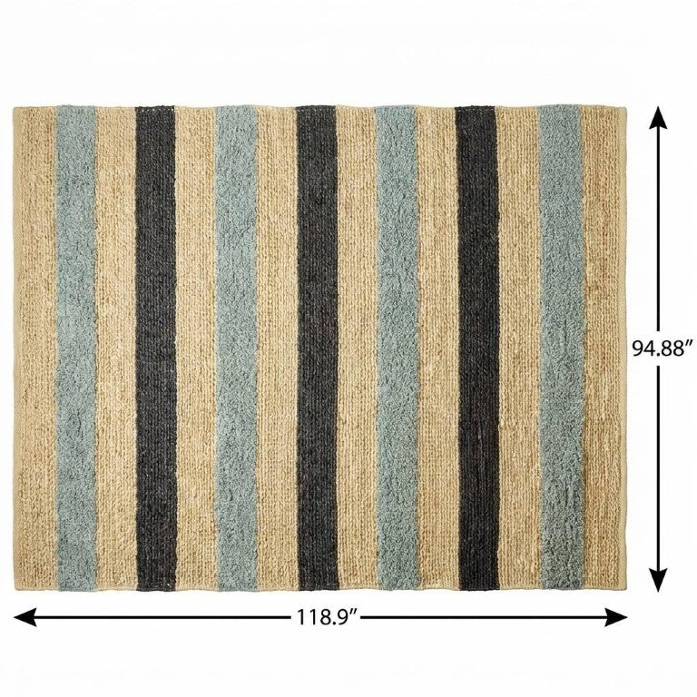 HomeRoots 8x10 Hand Woven Jute Area Rug Coastal Boho Striped Low Pile Living Room Accent 609368