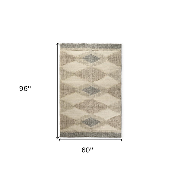 HomeRoots 5' Hand-Woven Wool Area Rug in Beige, Brown & Gray - Modern Geometric Design for Elegant Spaces 5' X 8' 609371