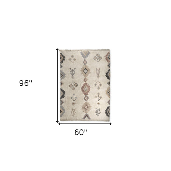 HomeRoots 5' X 8' Hand-Woven Beige & Brown Tribal Area Rug with Fringed Edges - Bohemian Charm for Your Home 609375