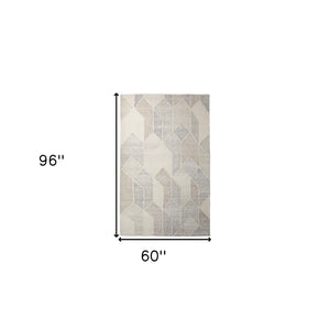 HomeRoots 5' Hand Woven Beige Gray Ivory Wool Geometric Area Rug for Cozy Contemporary Home Décor 5' X 8' 609381