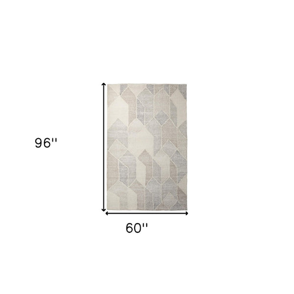 HomeRoots 5' Hand Woven Beige Gray Ivory Wool Geometric Area Rug for Cozy Contemporary Home Décor 5' X 8' 609381