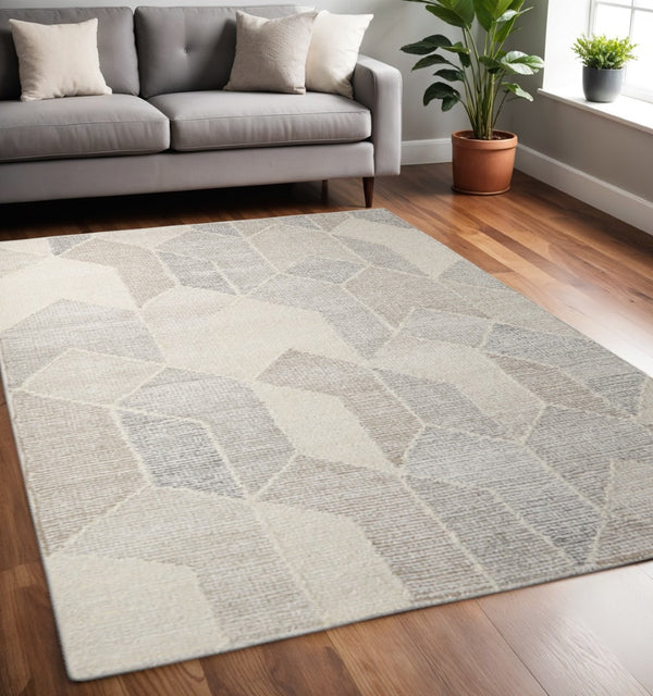 HomeRoots 5' Hand Woven Beige Gray Ivory Wool Geometric Area Rug for Cozy Contemporary Home Décor 5' X 8' 609381
