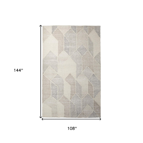 HomeRoots 5' Hand Woven Beige Gray Ivory Wool Geometric Area Rug for Cozy Contemporary Home Décor 9' X 12' 609383