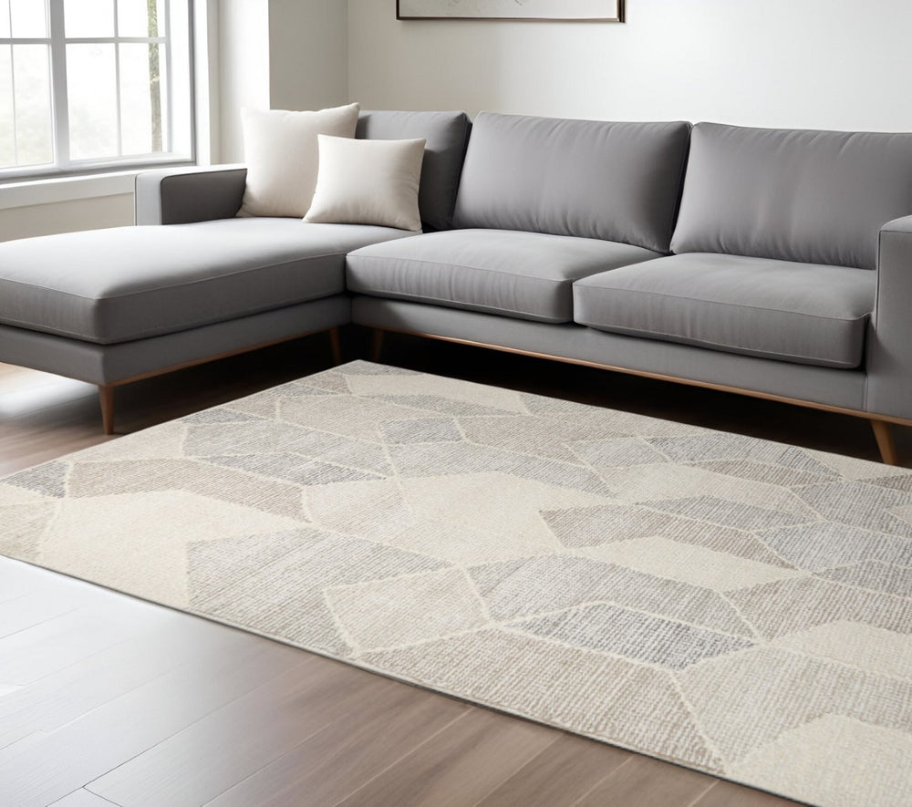 HomeRoots 5' Hand Woven Beige Gray Ivory Wool Geometric Area Rug for Cozy Contemporary Home Décor 9' X 12' 609383