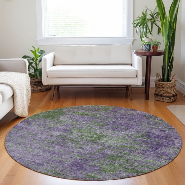 HomeRoots 5' Vibrant Purple and Green Abstract Area Rug for Indoor and Outdoor Spaces - Washable & Durable 8' Round 609390