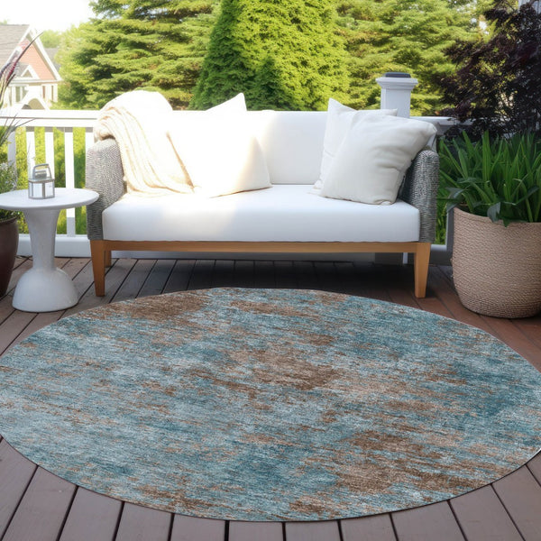 HomeRoots 5' Stylish Teal Blue and Brown Abstract Indoor Outdoor Area Rug - Durable, Washable, Versatile Design 8' Round 609396