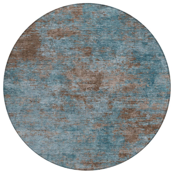 HomeRoots 5' Stylish Teal Blue and Brown Abstract Indoor Outdoor Area Rug - Durable, Washable, Versatile Design 8' Round 609396