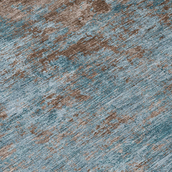 HomeRoots 5' Stylish Teal Blue and Brown Abstract Indoor Outdoor Area Rug - Durable, Washable, Versatile Design 8' Round 609396
