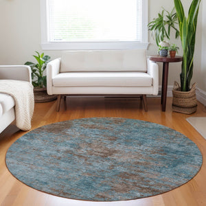 HomeRoots 5' Stylish Teal Blue and Brown Abstract Indoor Outdoor Area Rug - Durable, Washable, Versatile Design 8' Round 609396