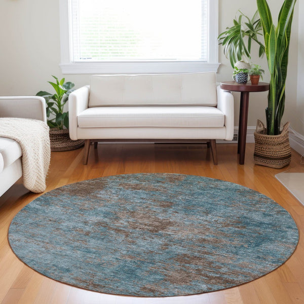 HomeRoots 5' Stylish Teal Blue and Brown Abstract Indoor Outdoor Area Rug - Durable, Washable, Versatile Design 8' Round 609396