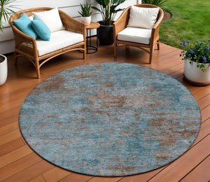 HomeRoots 5' Stylish Teal Blue and Brown Abstract Indoor Outdoor Area Rug - Durable, Washable, Versatile Design 8' Round 609396
