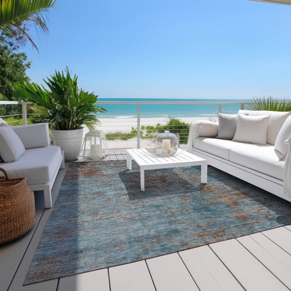 HomeRoots 5' Stylish Teal Blue and Brown Abstract Indoor Outdoor Area Rug - Durable, Washable, Versatile Design 8' X 10' 609397