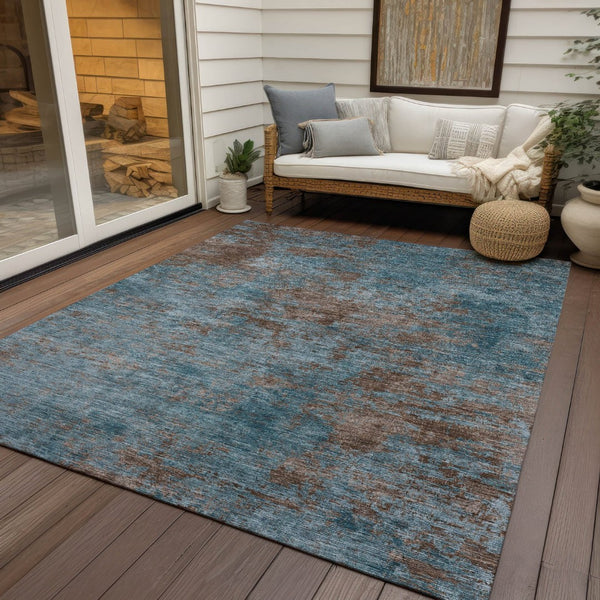HomeRoots 9' X 12' Stylish Teal Blue & Brown Abstract Washable Area Rug for Indoor & Outdoor Spaces 609398