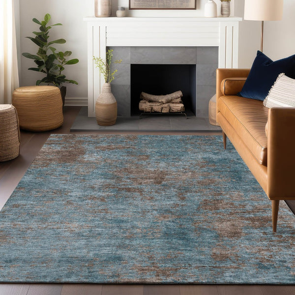 HomeRoots 9' X 12' Stylish Teal Blue & Brown Abstract Washable Area Rug for Indoor & Outdoor Spaces 609398