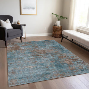 HomeRoots 9' X 12' Stylish Teal Blue & Brown Abstract Washable Area Rug for Indoor & Outdoor Spaces 609398