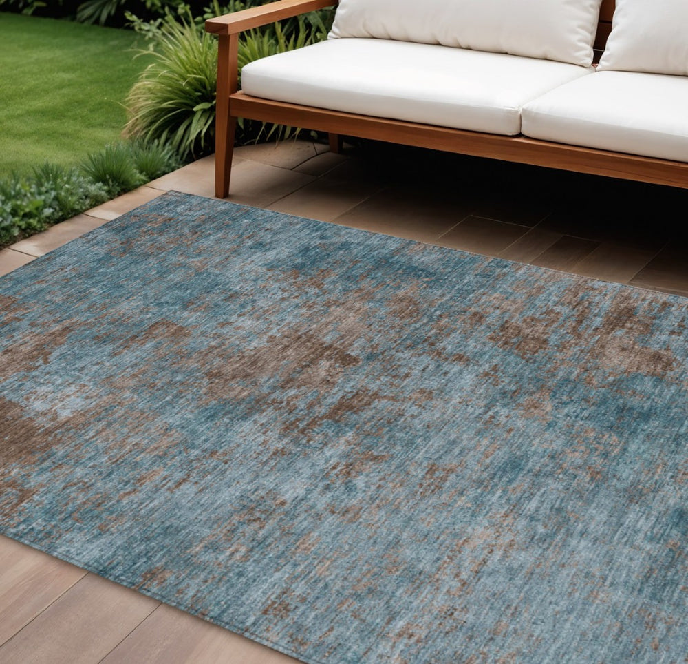 HomeRoots 5' Stylish Teal Blue and Brown Abstract Indoor Outdoor Area Rug - Durable, Washable, Versatile Design 10' X 14' 609399