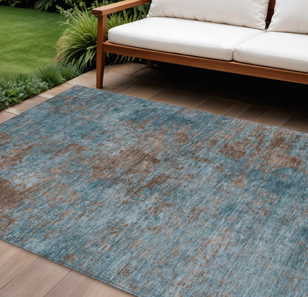 HomeRoots 5' Stylish Teal Blue and Brown Abstract Indoor Outdoor Area Rug - Durable, Washable, Versatile Design 10' X 14' 609399