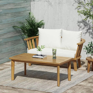 English Elm Christopher Knight Home® - 2 Person Acacia Wood Patio Seating Set with Curved Back Loveseat, Teak Finish, White Cushions, Coffee Table 70334.00WHI_70336.00
