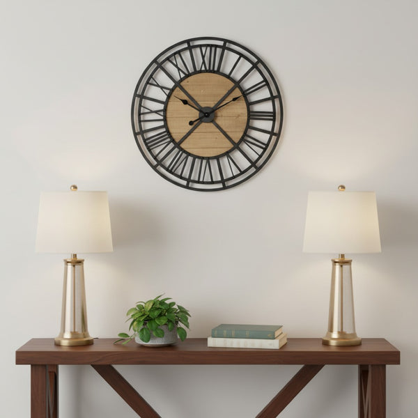 HomeRoots 30" Vintage-Inspired Black and Natural Iron Wall Clock – Timeless Farmhouse Charm for Any Space 609404