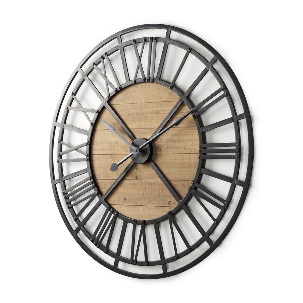 HomeRoots 42" Oversized Industrial Wall Clock - Vintage Iron Frame & Natural Wood Face for Timeless Charm 609405