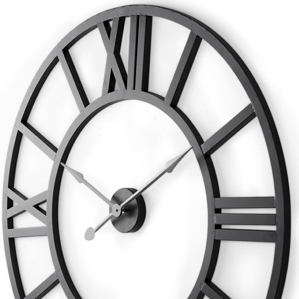 HomeRoots 30" Black Iron Wall Clock - Oversized Round Design with Roman Numerals for Modern Elegance in Any Room 609406