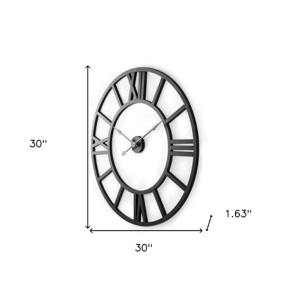 HomeRoots 30" Black Iron Wall Clock - Oversized Round Design with Roman Numerals for Modern Elegance in Any Room 609406