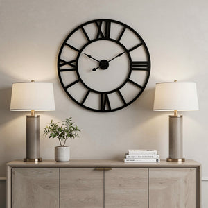 HomeRoots 30" Black Iron Wall Clock - Oversized Round Design with Roman Numerals for Modern Elegance in Any Room 609406