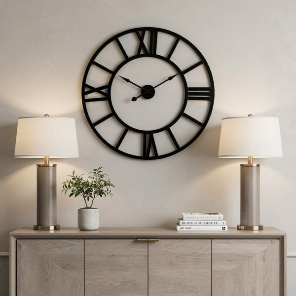 HomeRoots 30" Black Iron Wall Clock - Oversized Round Design with Roman Numerals for Modern Elegance in Any Room 609406