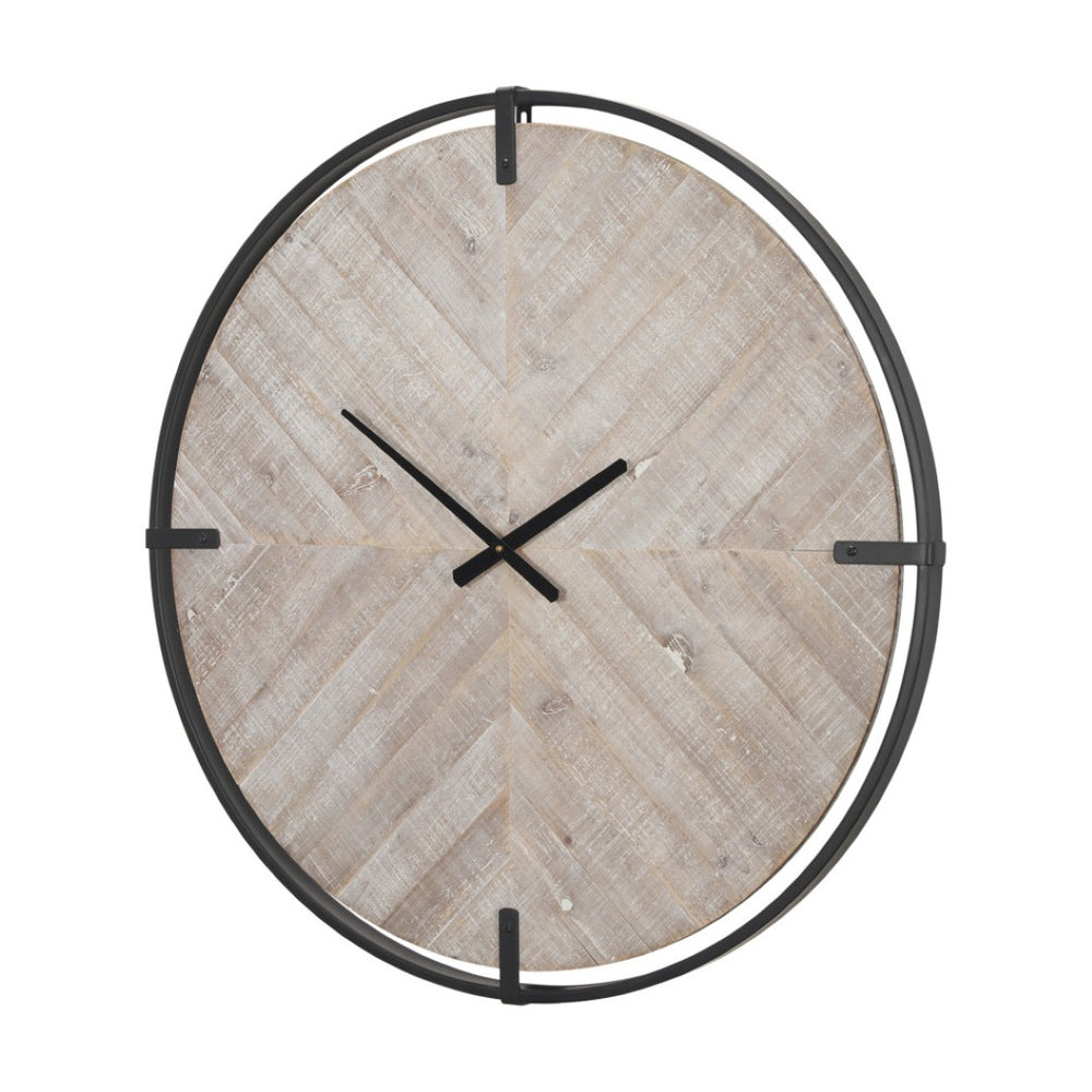 HomeRoots 33" Vintage-Inspired Round Wall Clock – Distressed Black & Natural Wood, Perfect for Rustic Décor! 609408