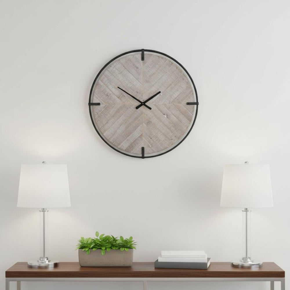 HomeRoots 33" Vintage-Inspired Round Wall Clock – Distressed Black & Natural Wood, Perfect for Rustic Décor! 609408