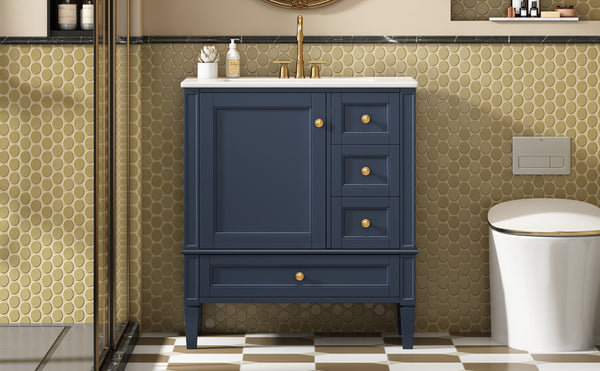 English Elm 30 30 Inch Bathroom Vanity with Ceramic Sink, Modern Compact 3-Drawer Storage Cabinet for Small Baths Blue N710P247499C