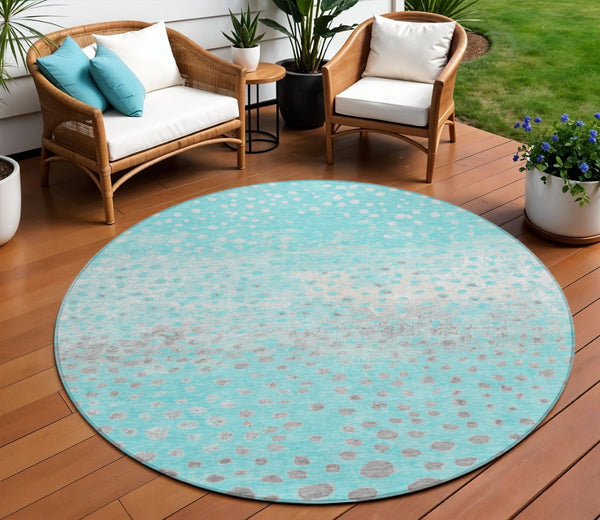 HomeRoots 5' Aqua and Teal Abstract Washable Area Rug - Modern Design for Indoor/Outdoor Spaces, Durable & Stylish 8' Round 609446