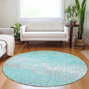 HomeRoots 5' Aqua and Teal Abstract Washable Area Rug - Modern Design for Indoor/Outdoor Spaces, Durable & Stylish 8' Round 609446