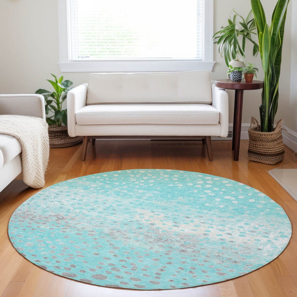 HomeRoots 5' Aqua and Teal Abstract Washable Area Rug - Modern Design for Indoor/Outdoor Spaces, Durable & Stylish 8' Round 609446