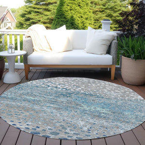 HomeRoots 5' Gray and Silver Abstract Area Rug – Modern, Washable, Stain-Resistant, Indoor/Outdoor Durability 8' Round 609458