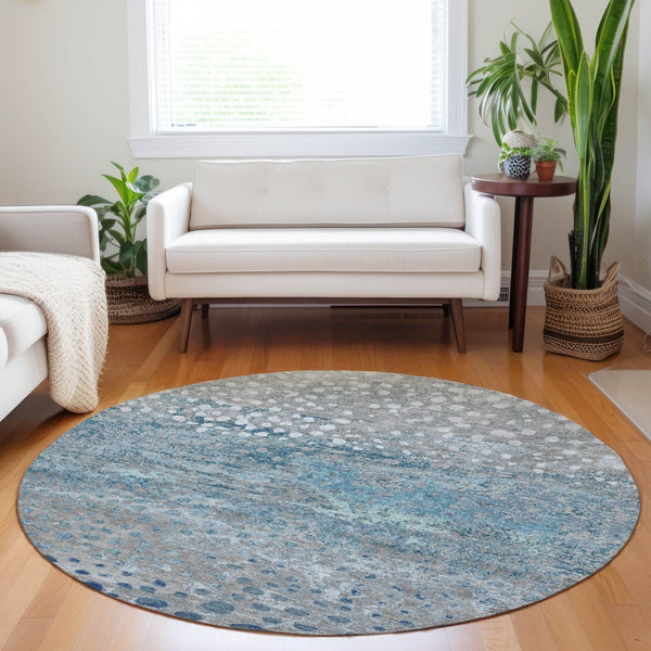 HomeRoots 5' Gray and Silver Abstract Area Rug – Modern, Washable, Stain-Resistant, Indoor/Outdoor Durability 8' Round 609458