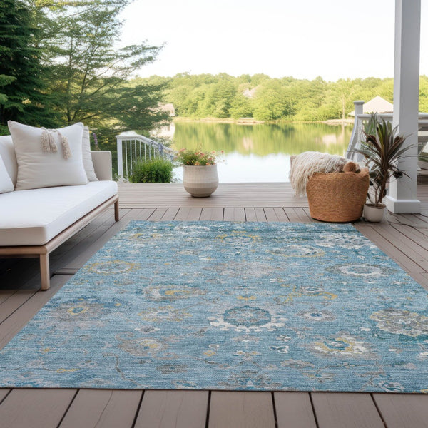 HomeRoots 5' Vibrant Teal Blue and Aqua Floral Washable Area Rug for Indoor and Outdoor Spaces - Durable Design 5' X 8' 609517