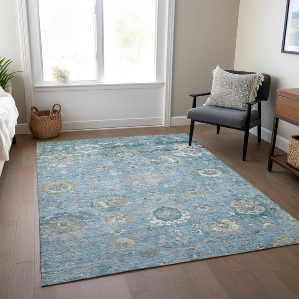 HomeRoots 5' Vibrant Teal Blue and Aqua Floral Washable Area Rug for Indoor and Outdoor Spaces - Durable Design 5' X 8' 609517