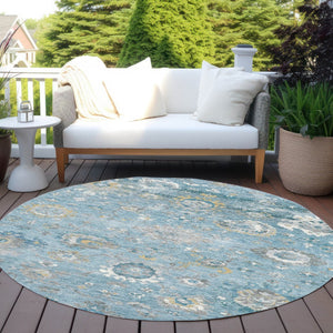 HomeRoots 5' Vibrant Teal Blue and Aqua Floral Washable Area Rug for Indoor and Outdoor Spaces - Durable Design 8' Round 609518
