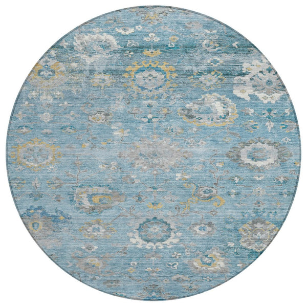 HomeRoots 5' Vibrant Teal Blue and Aqua Floral Washable Area Rug for Indoor and Outdoor Spaces - Durable Design 8' Round 609518