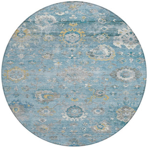 HomeRoots 5' Vibrant Teal Blue and Aqua Floral Washable Area Rug for Indoor and Outdoor Spaces - Durable Design 8' Round 609518